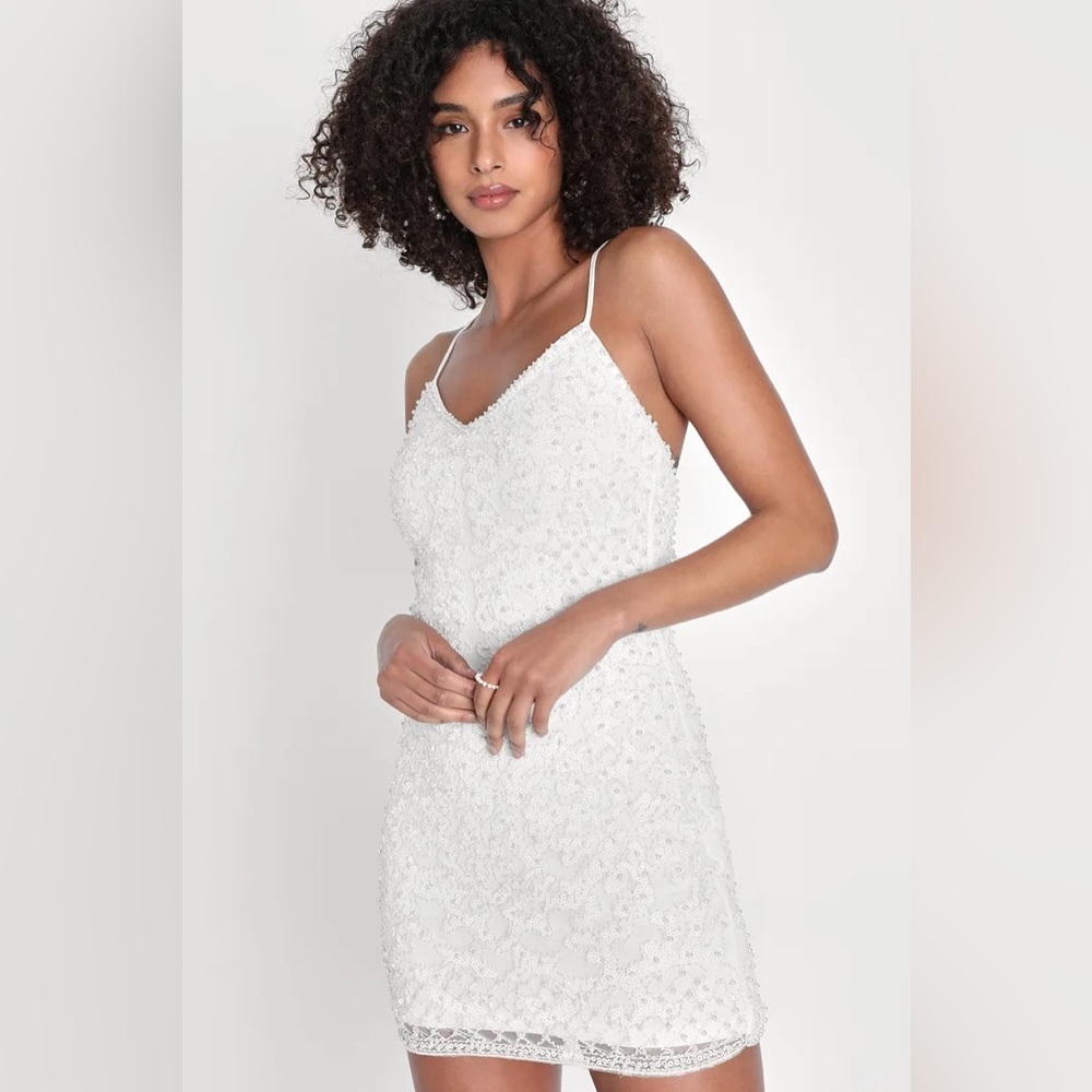 Lulus Luxe Sensation White Sequin Pearl Lace-Up Mini Bodycon Dress
